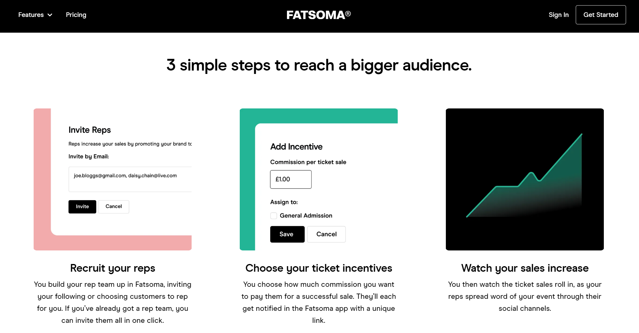 A screenshot from the Fatsoma website demonstrating the "reps" scheme